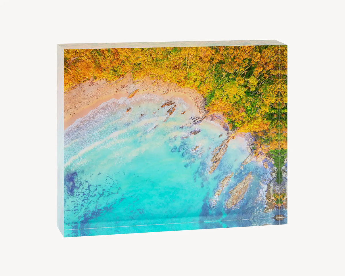 Coastal Bliss. Acrylic block of a sunrise at Lilli Pilli beach. Australian Artwork.