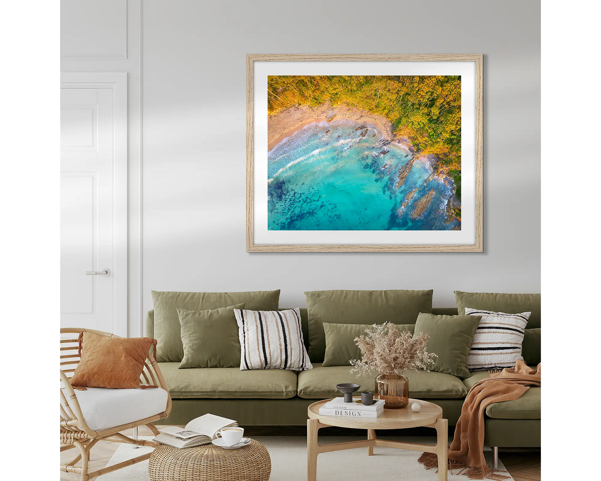 Coastal Bliss. South Coast wall art hanging in a lounge room. 