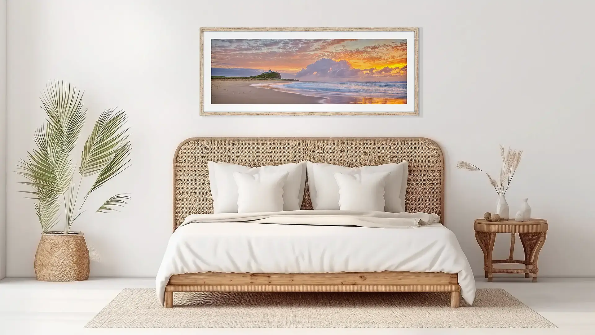 Coastal wall art in wood frame on bedroom wall.