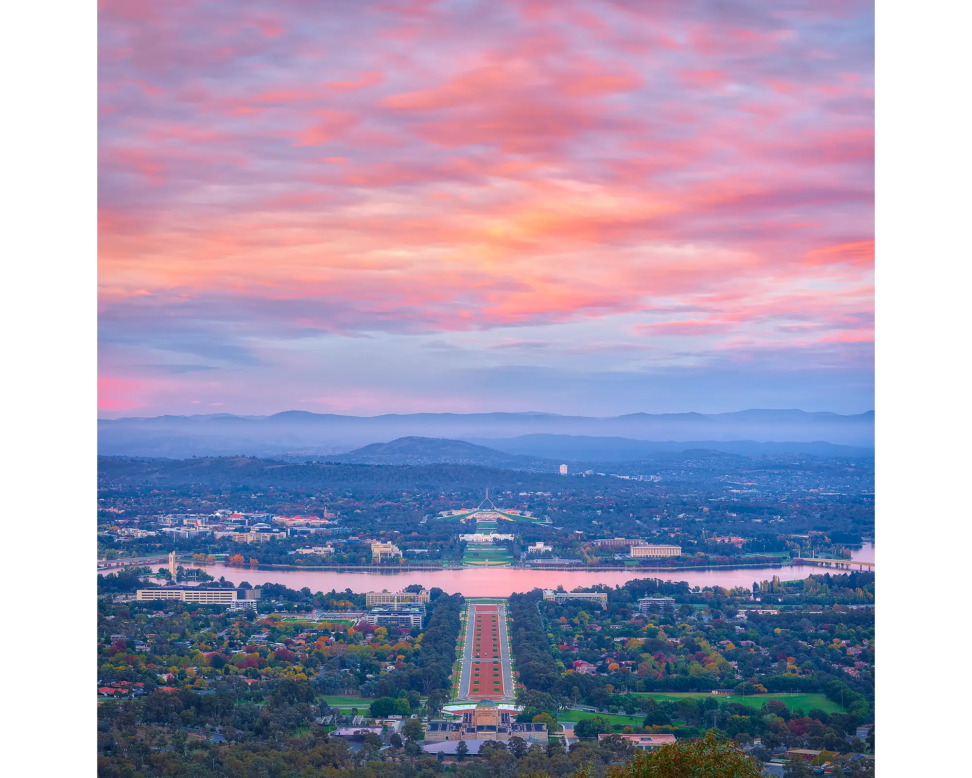 Colours Of Canberra acrylic block of colourful sunrise over Canberra.