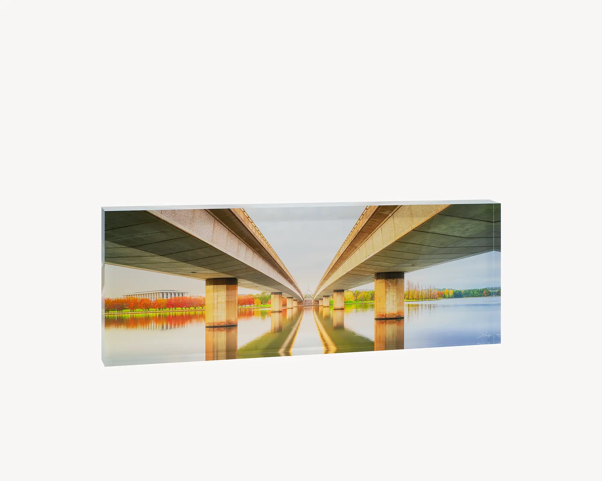 Convergent. Acrylic block of Commonwealth Avenue bridge on an autumn sunrise. Canberra artwork.