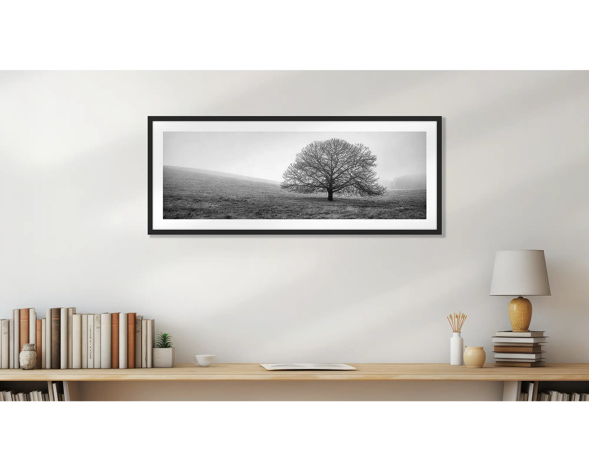 Country Mist. Black and white photography, wall art print, with a black frame, on a study wall. 