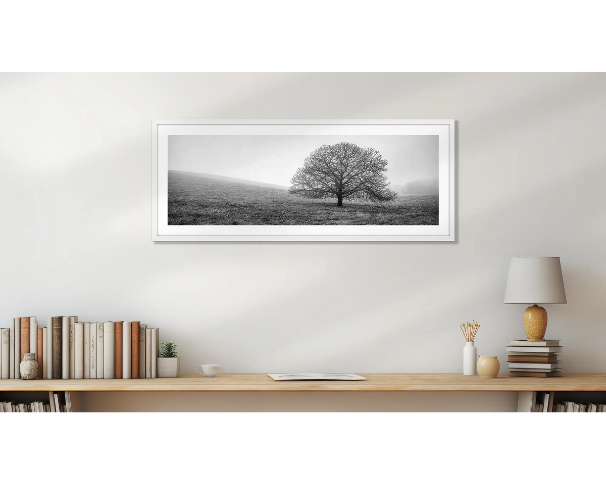 Country Mist. Black and white photography, wall art print, with a white frame, on a study wall. 