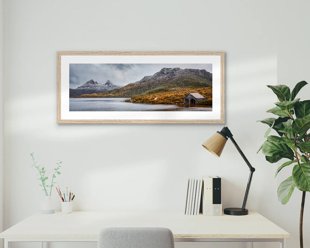 Cradle in Fog. Cradle Mountain, framed wood, wall art print, above a desk. 