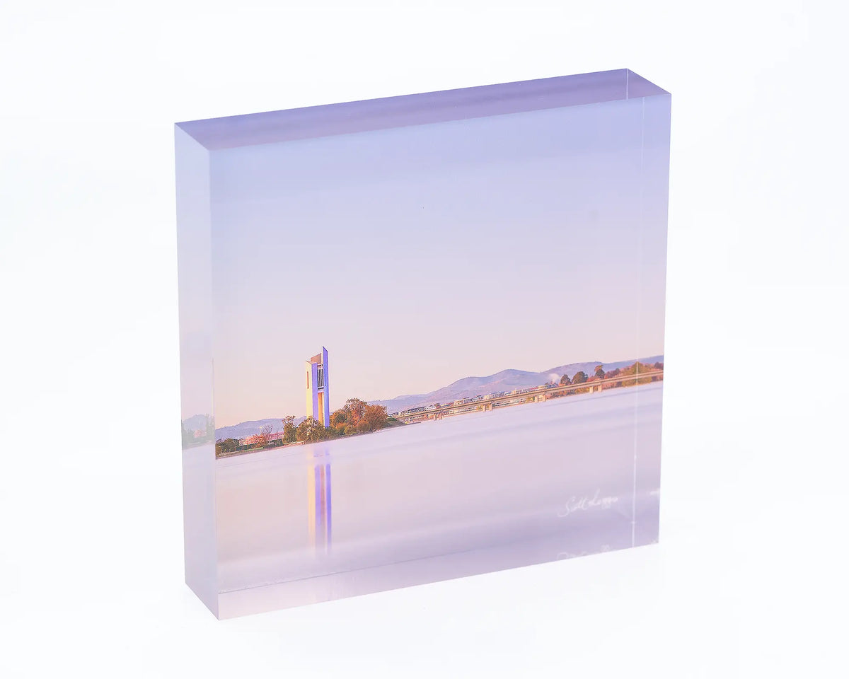 Crisp. Acrylic block of the National Carillon at Dawn, Canberra artwork.