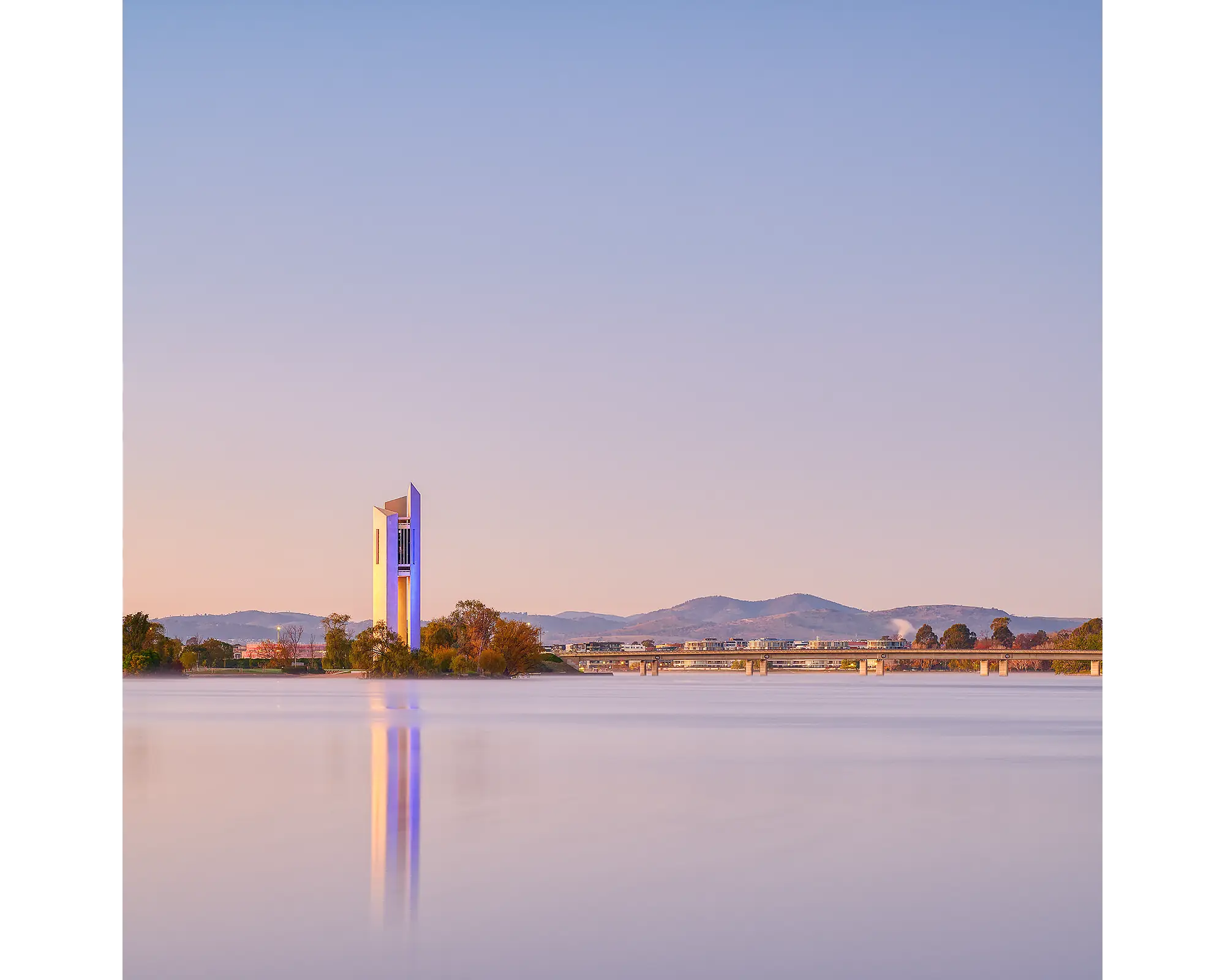 Crisp. Acrylic block of the National Carillon at Dawn, Canberra artwork.