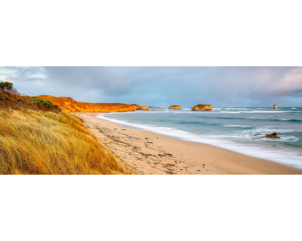 Crofts Bay. Great ocean road at sunset with orange cliffs, Vicotira.