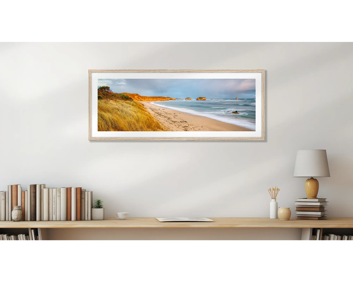 Croft&#39;s Bay. Great Ocean Road wall art print, with a timber frame, on a study wall. 