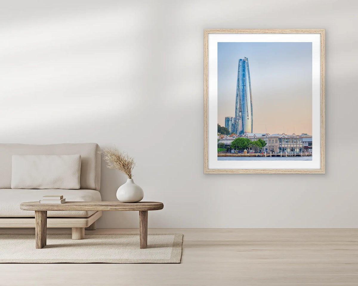 Crown Towers. Extra large Sydney wall art print, with a Tassie oak frame, in a living room. 