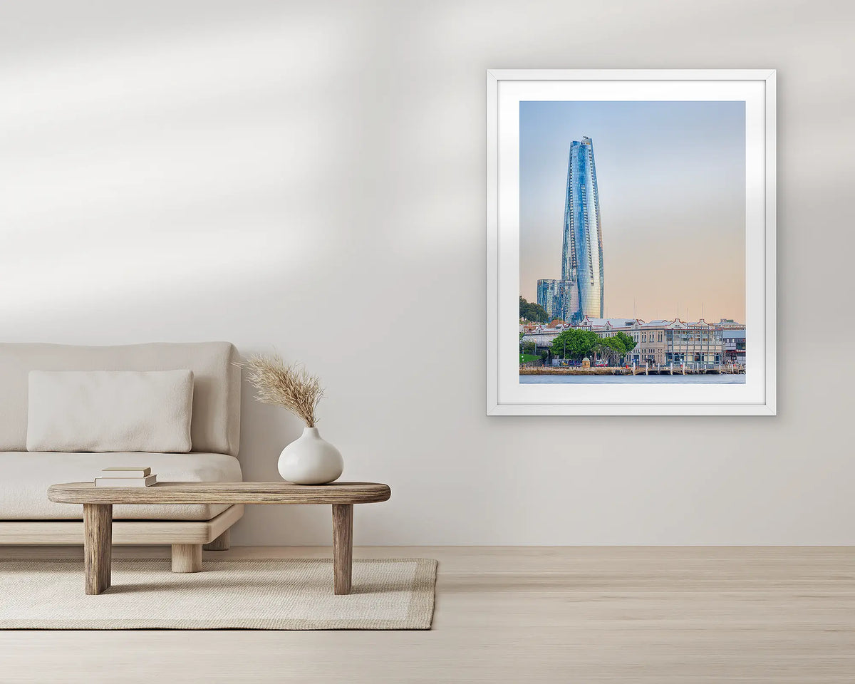 Crown Towers. Extra large Sydney wall art print, with a white frame, in a living room. 