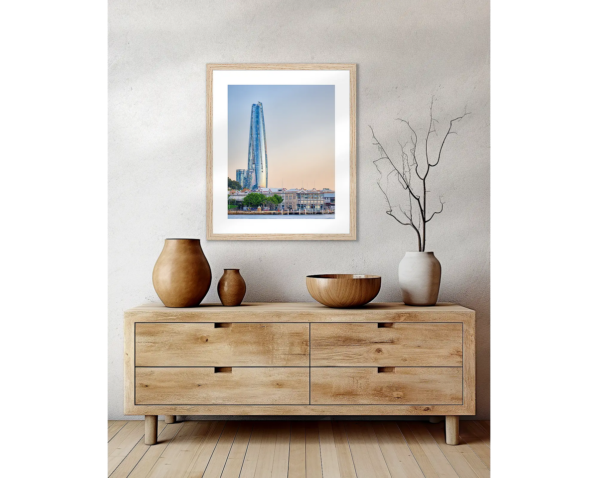 Crown Towers. Sydney wall art hanging above a side table.