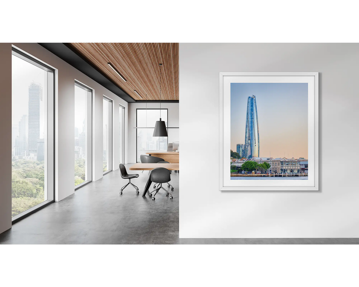 Crown Towers. Sydney wall art, in a white frame, on an office wall. 