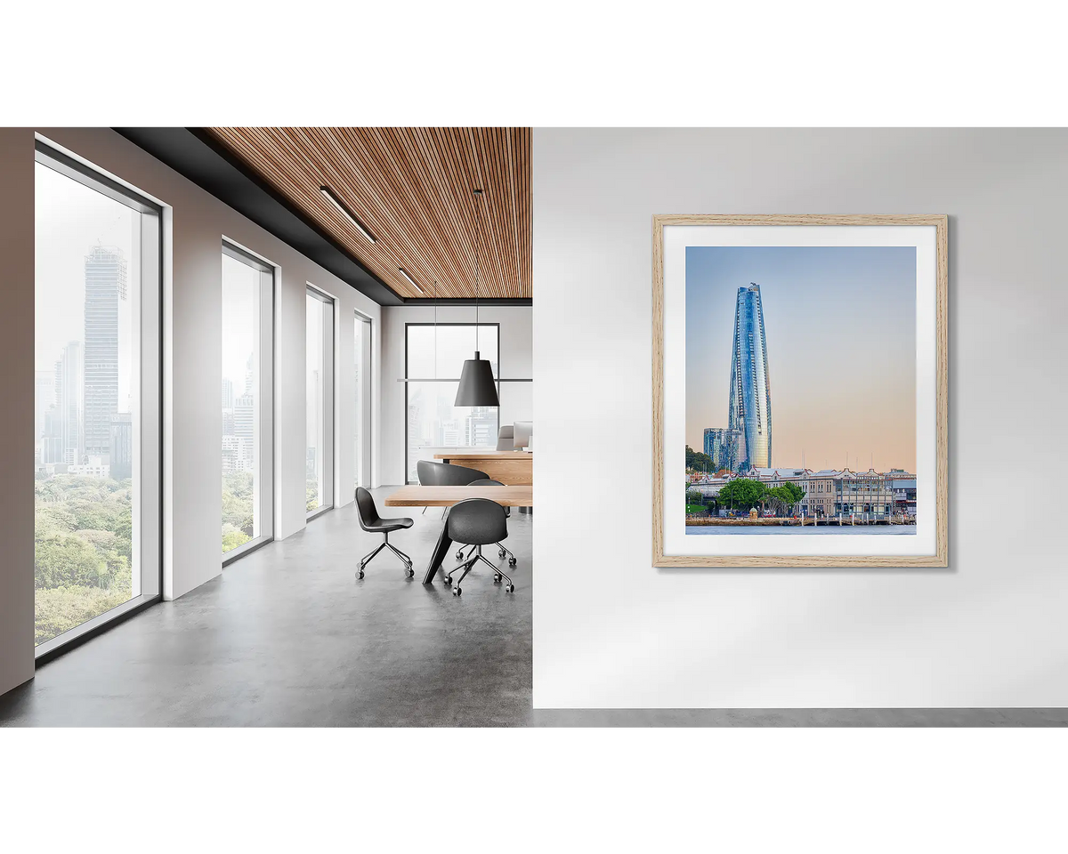 Crown Towers. Sydney wall art, in a wood frame, on an office wall. 