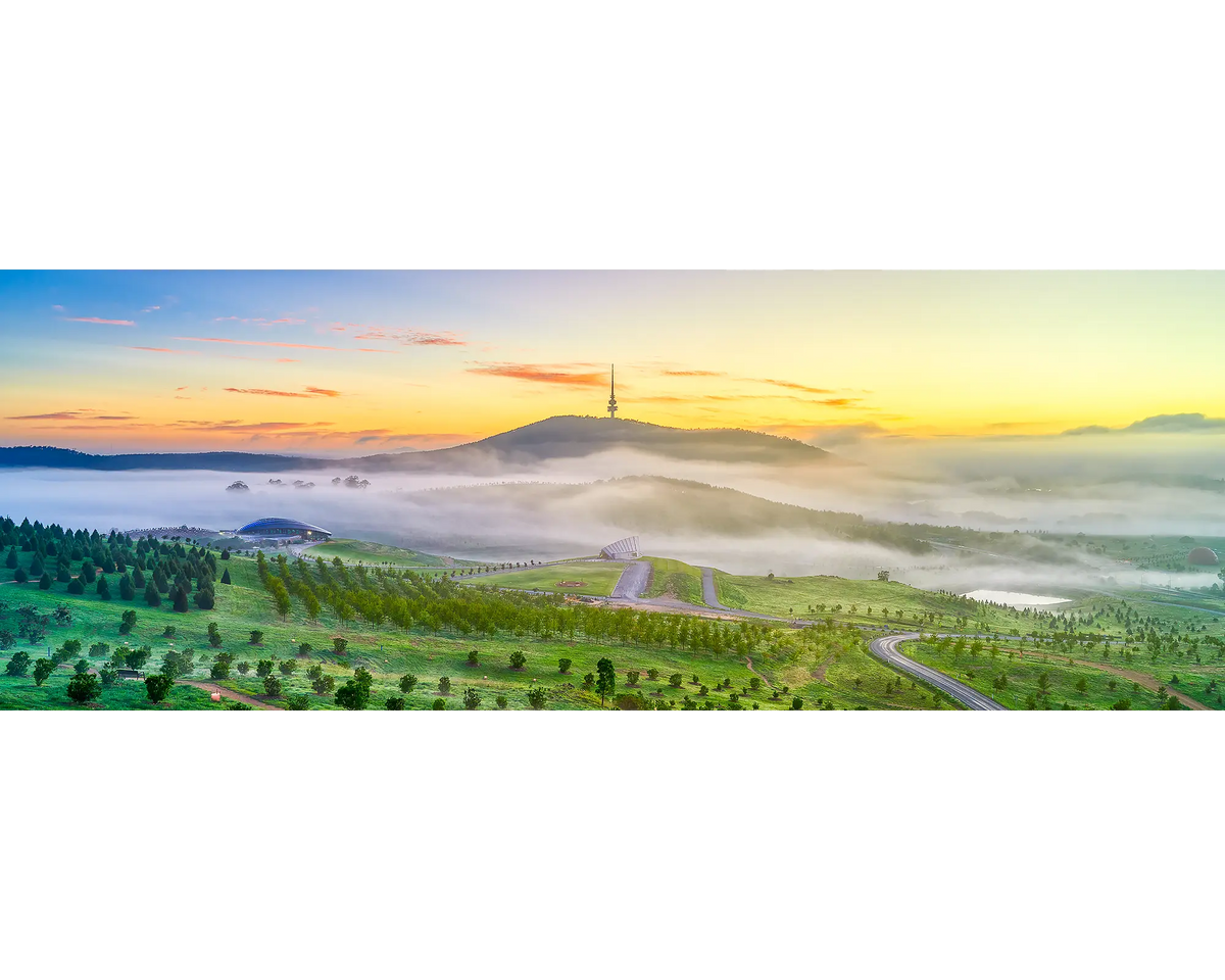 Early morning fog lingering over the National Arboretum, Canberra.