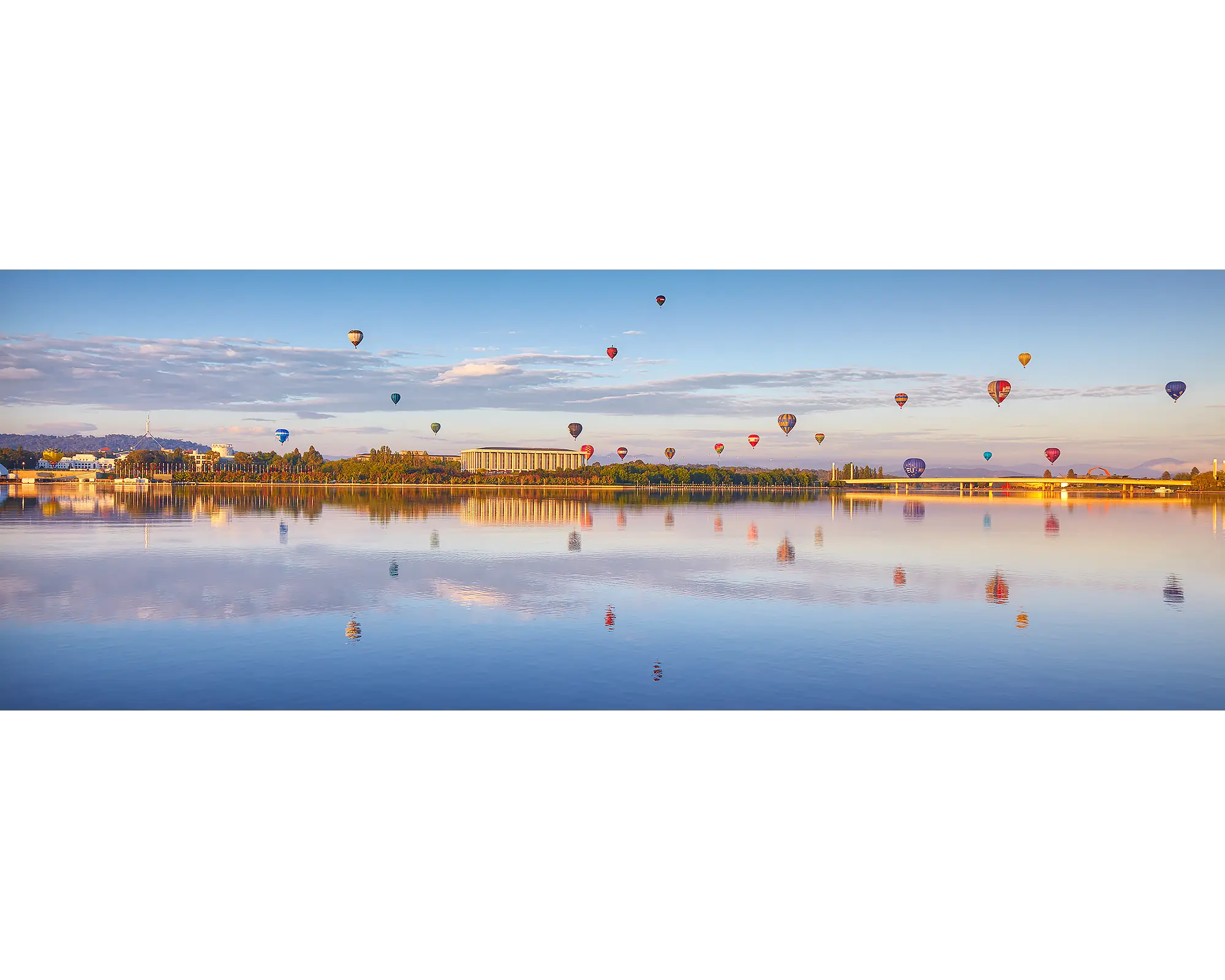 Dawn Drifters. Acrylic block of balloons over Canberra. Australian Artwork.