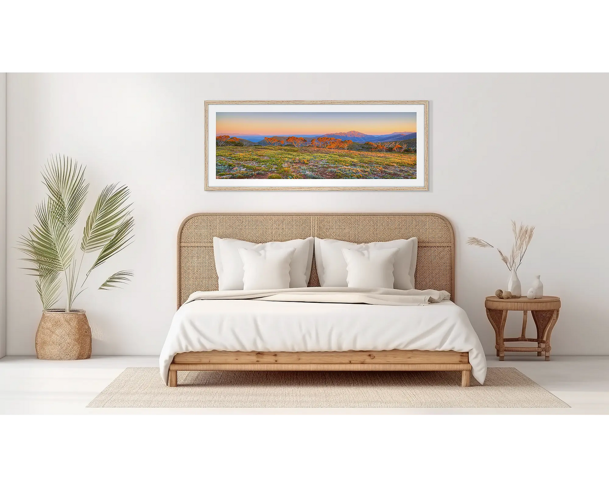 Day Break. Victorian alps wall art, in a wood frame, on a bedroom wall. 