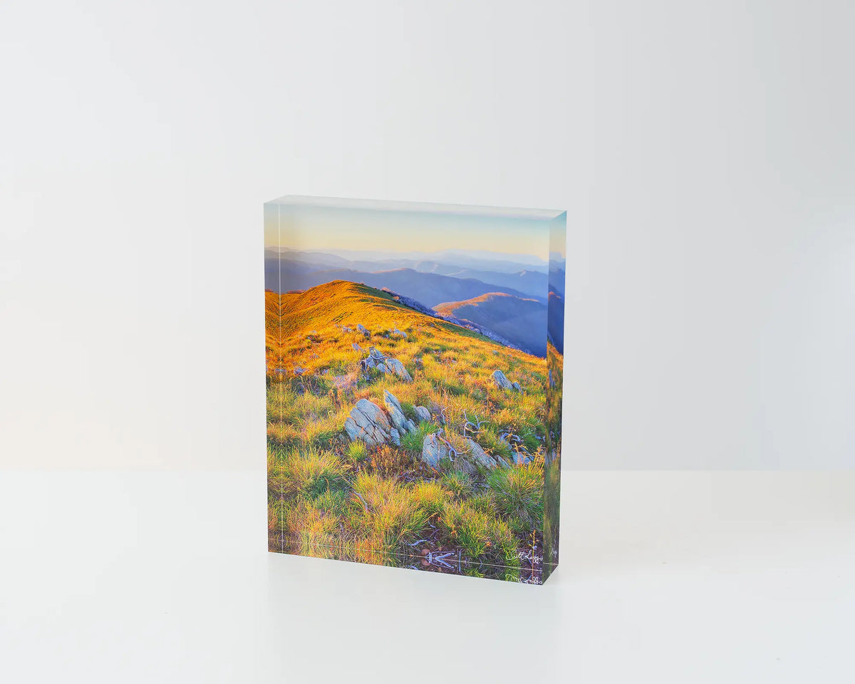 Days End. Acrylic block of Alpine National Park at sunset. Australian artwork on table.