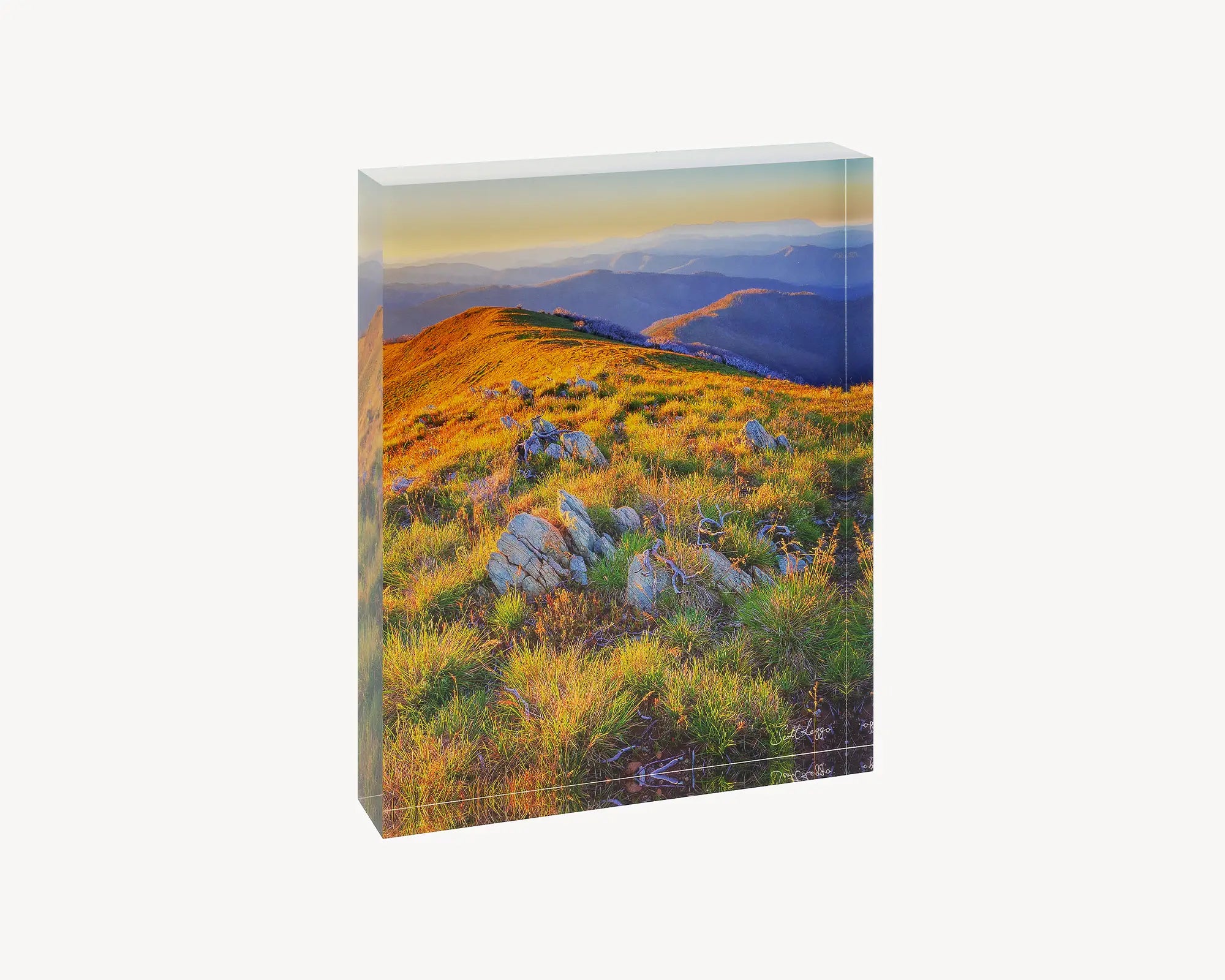 Days End. Acrylic block of Alpine National park at sunset, Australian artwork.