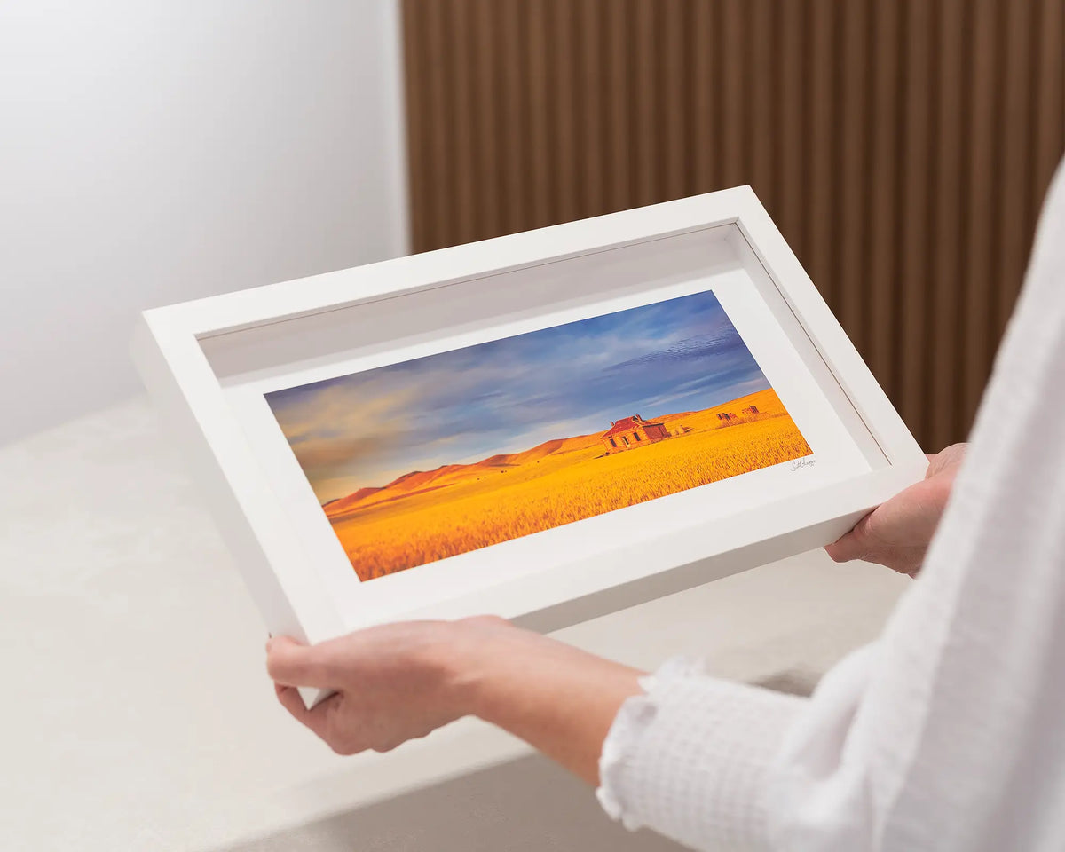 Days Gone By. Small panoramic framed print in a white frame.