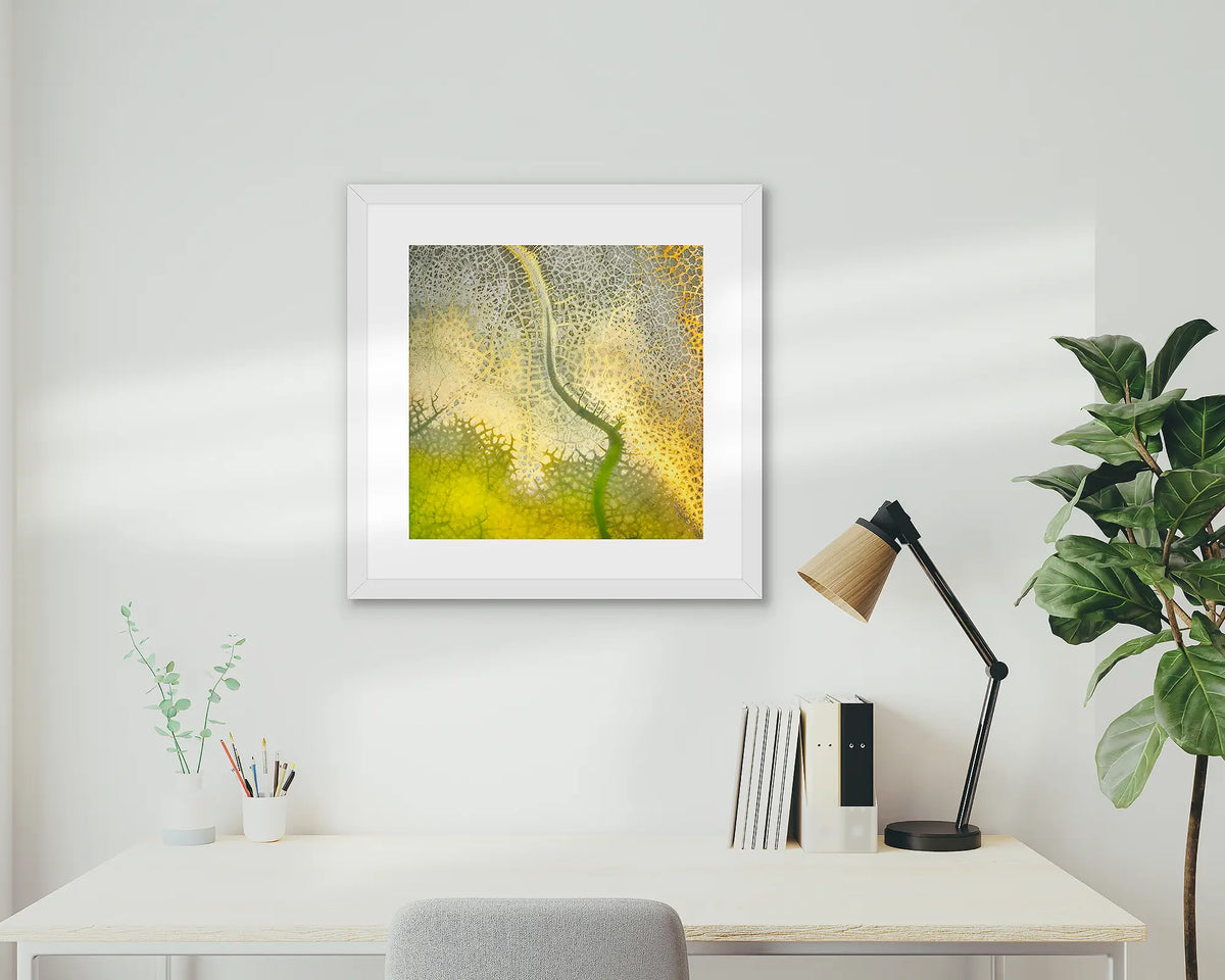 Dehydration. Aerial abstract photographic wall art print, in a white frame, on a study wall. 