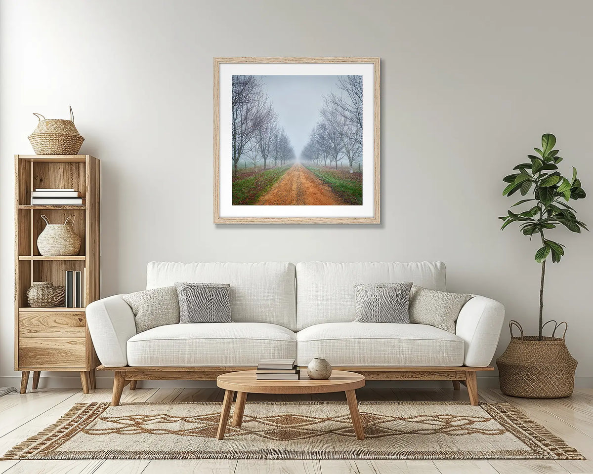 Down the Road. Country wall art print, with a timber frame, in a lounge room. 