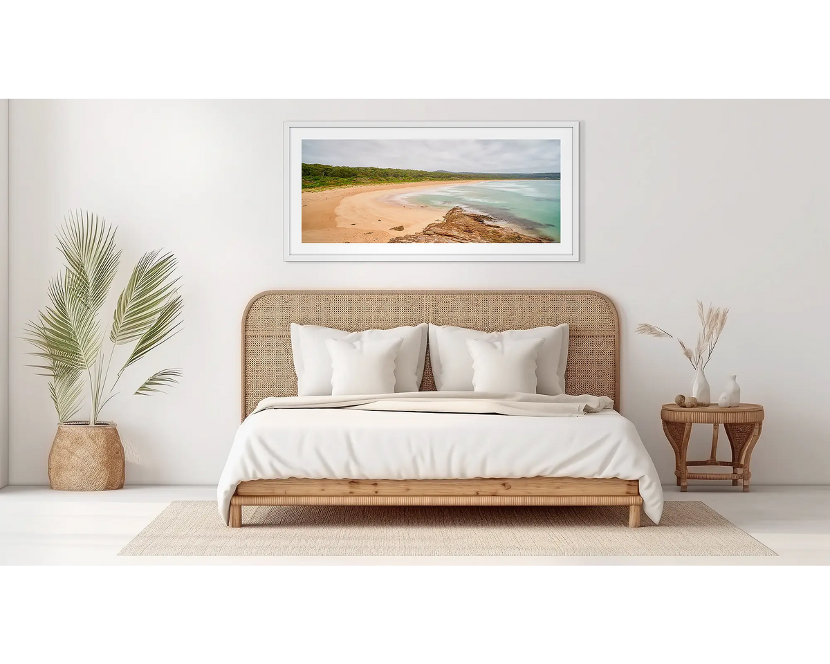 Durras Calm. South coast artwork, in a white frame, on a bedroom wall. 