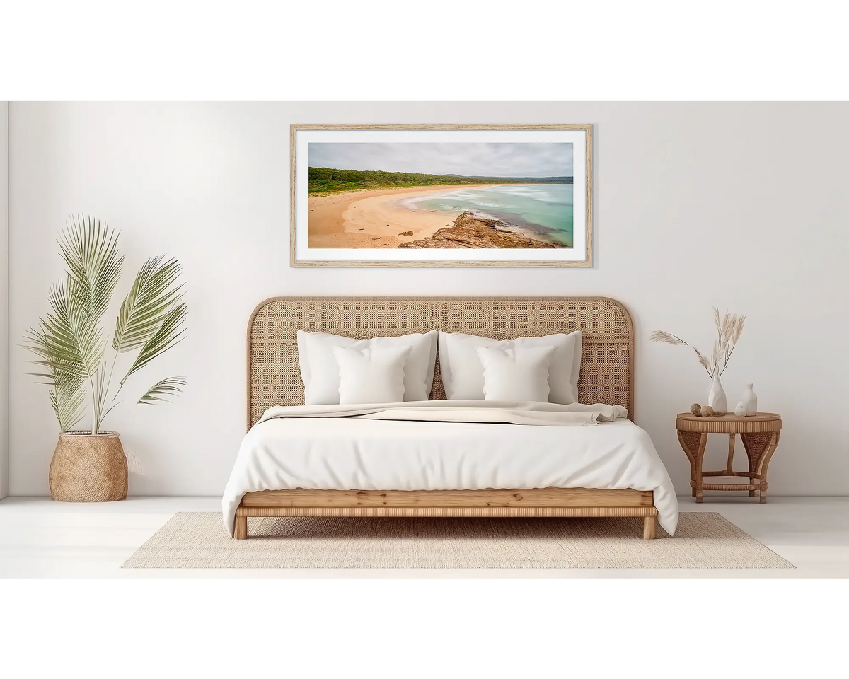 Durras Calm. South coast artwork, in a wood frame, on a bedroom wall. 