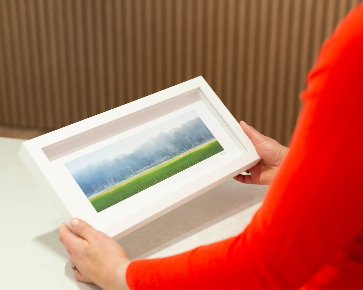 Edge of Wilderness. Morning fog over Lake St Claire, small framed print in a white frame.