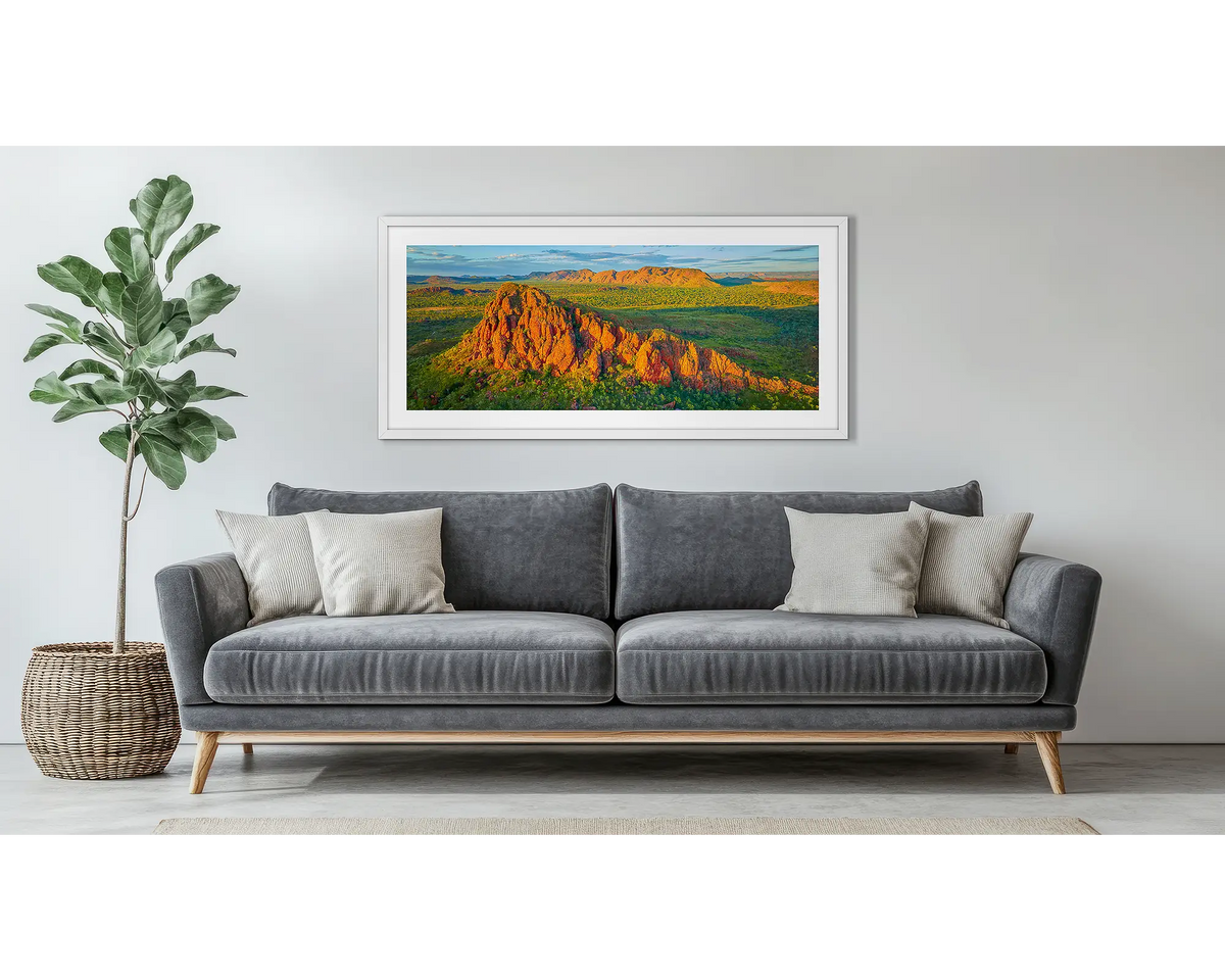 Elevation. Western Australia framed wall art, hanging above a couch. 