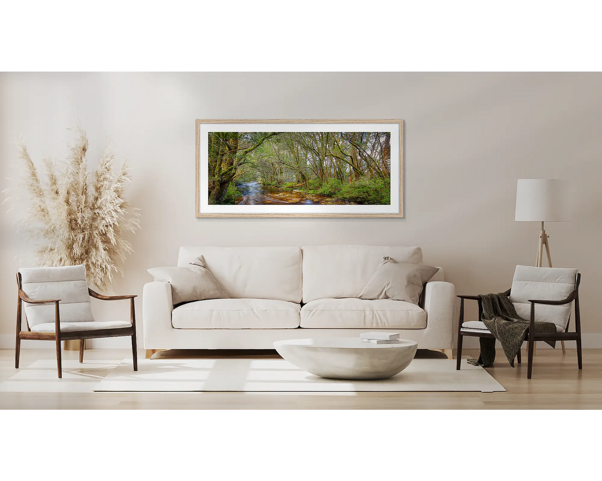 Enchanted. Tasmanian wall art with a Tassie oak frame, hanging above a couch. 