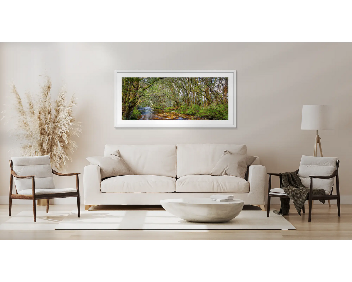 Enchanted. Tasmanian wall art with a white frame, hanging above a couch. 