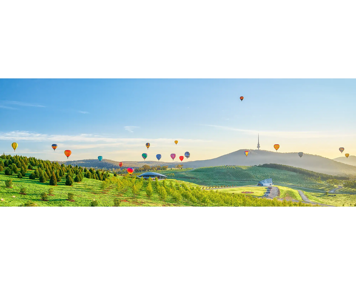 Hot air balloons at sunrise floating over the National Arboretum during the annual Balloon Spectacular as part of Enlighten Festival, Canberra. 