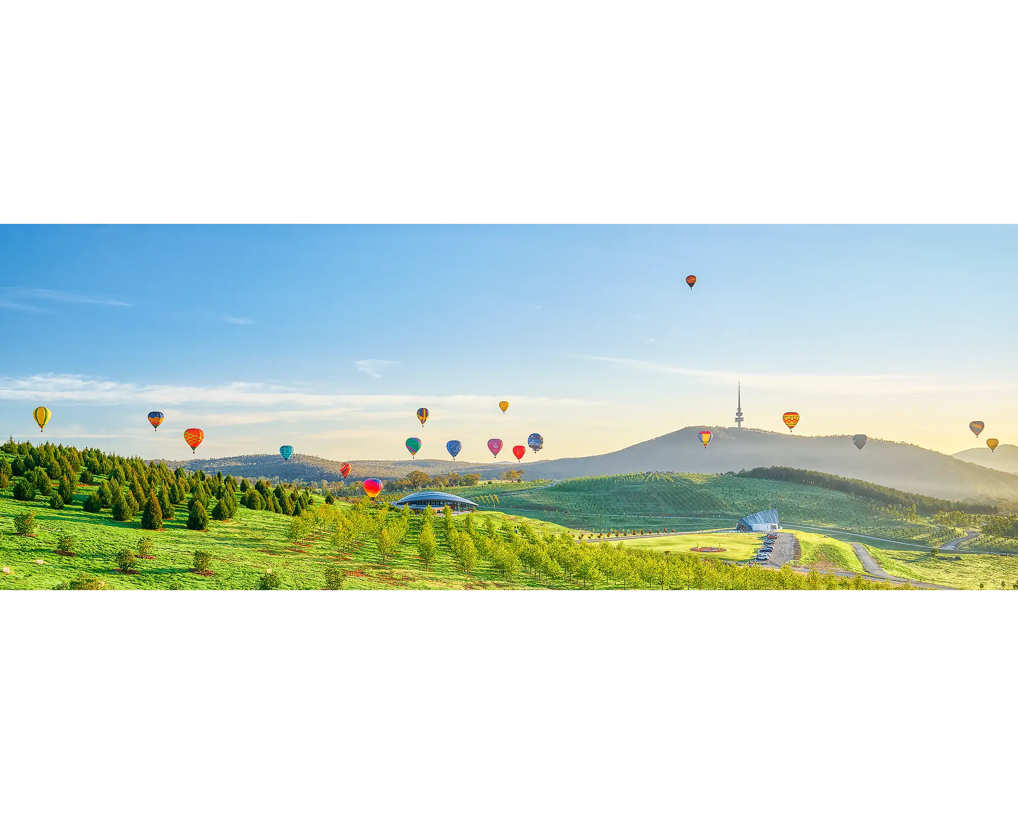 Enlighten. Acrylic block of hot air balloons at sunrise over the National Arboretum. Canberra artwork.