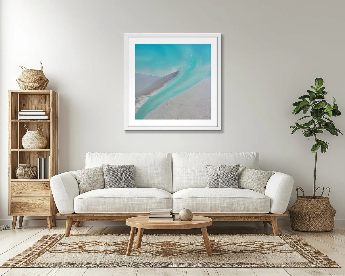 Entry. Abstract Kimberley wall art print, with a white frame, in a lounge room. 