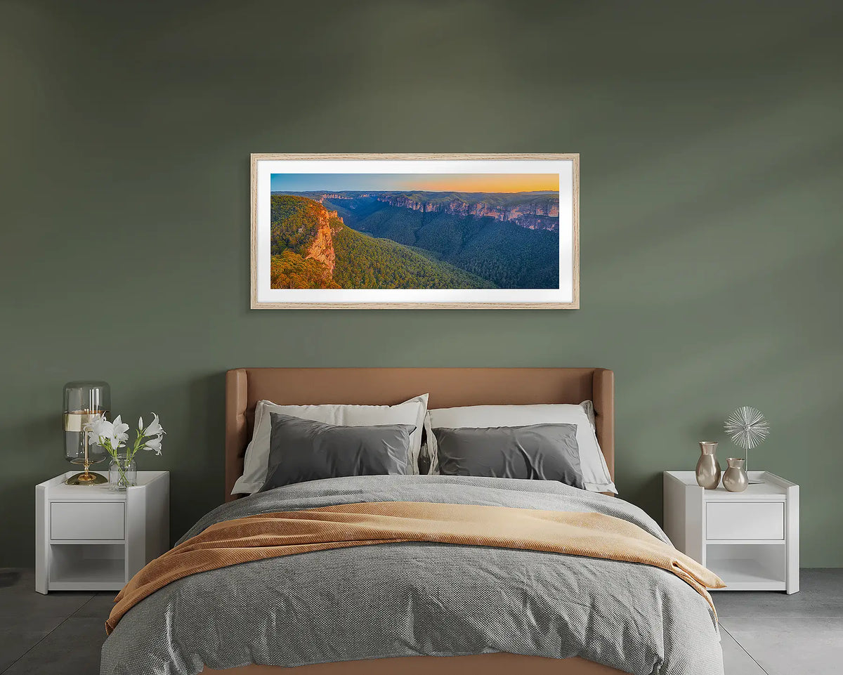 Escape from the City. Blue Mountains wall art above a bed. 