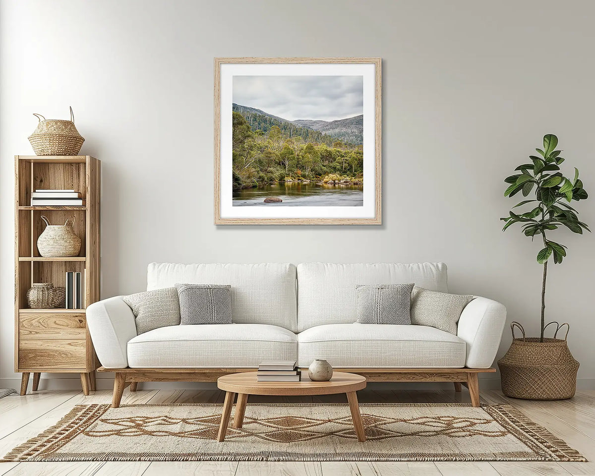 Escape to Nature. Thredbo river wall art print, with a timber frame, in a lounge room. 