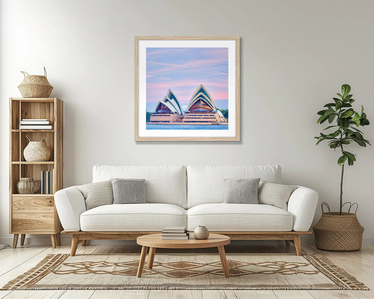 Evening at the Opera. Sydney Opera House wall art print with a timber frame, in a lounge room. 