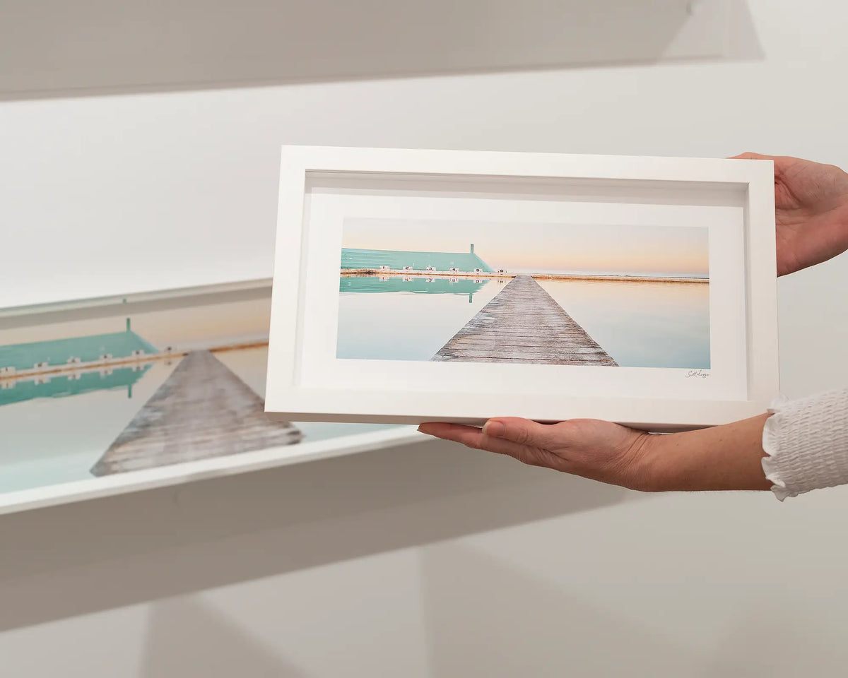 Evening Swim - Newcastle Ocean Baths small framed print with White Border.