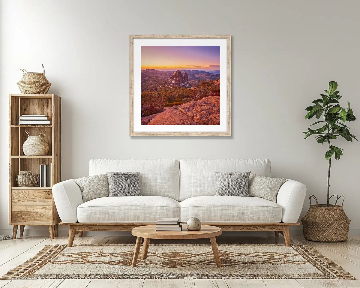 First Snow. Mount Buffalo wall art print, with a timber frame, in a lounge room. 