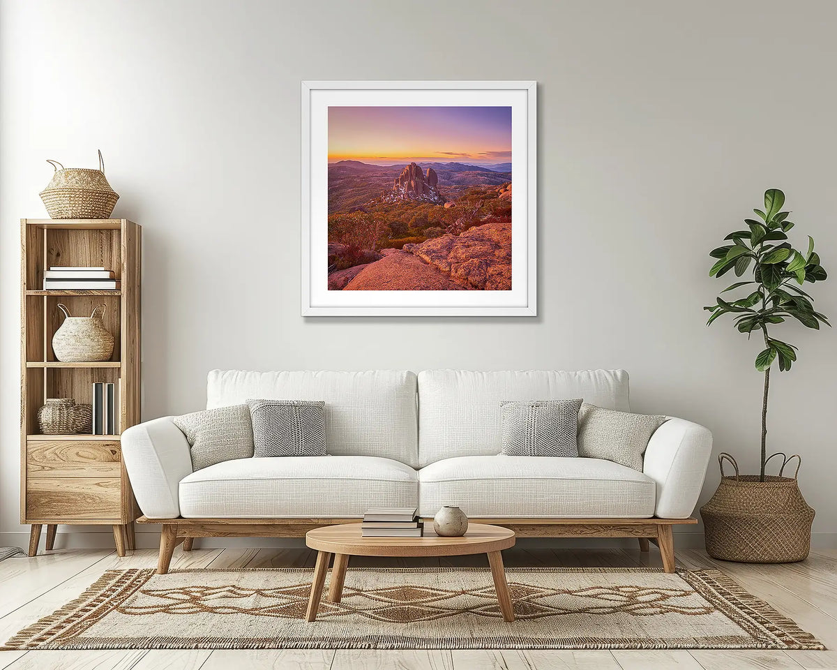 First Snow. Mount Buffalo wall art print, with a white frame, in a lounge room. 