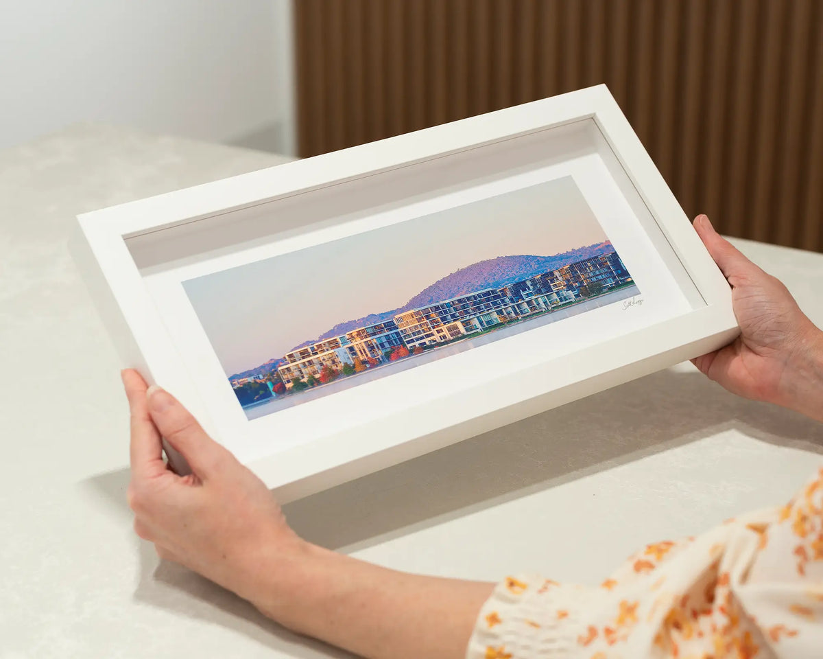 Foreshore Views. Kingston foreshore at Sunrise, small framed print, in white frame.