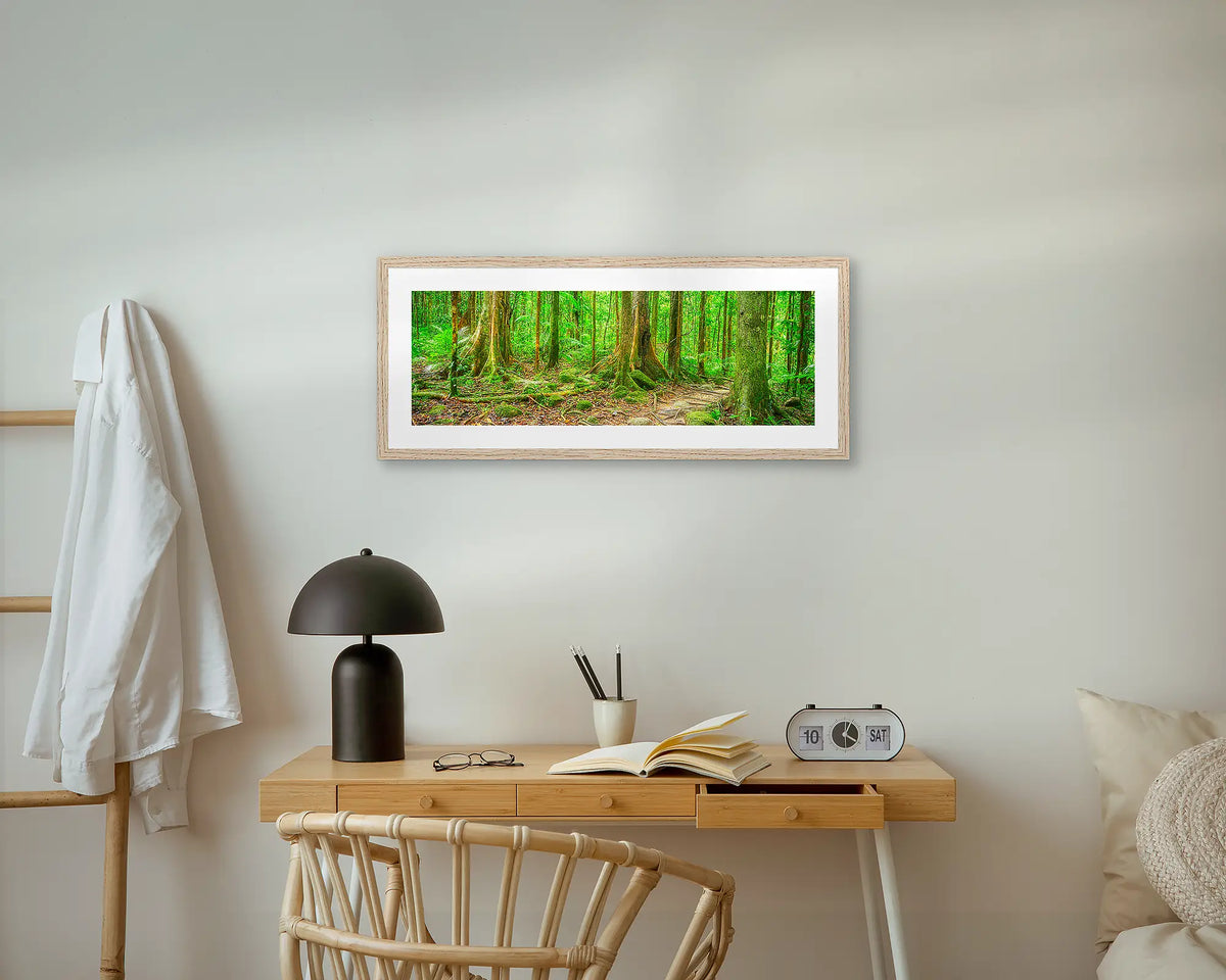 Forest Pathway. Daintree, framed wall art print with an oak frame, above a bedside table.