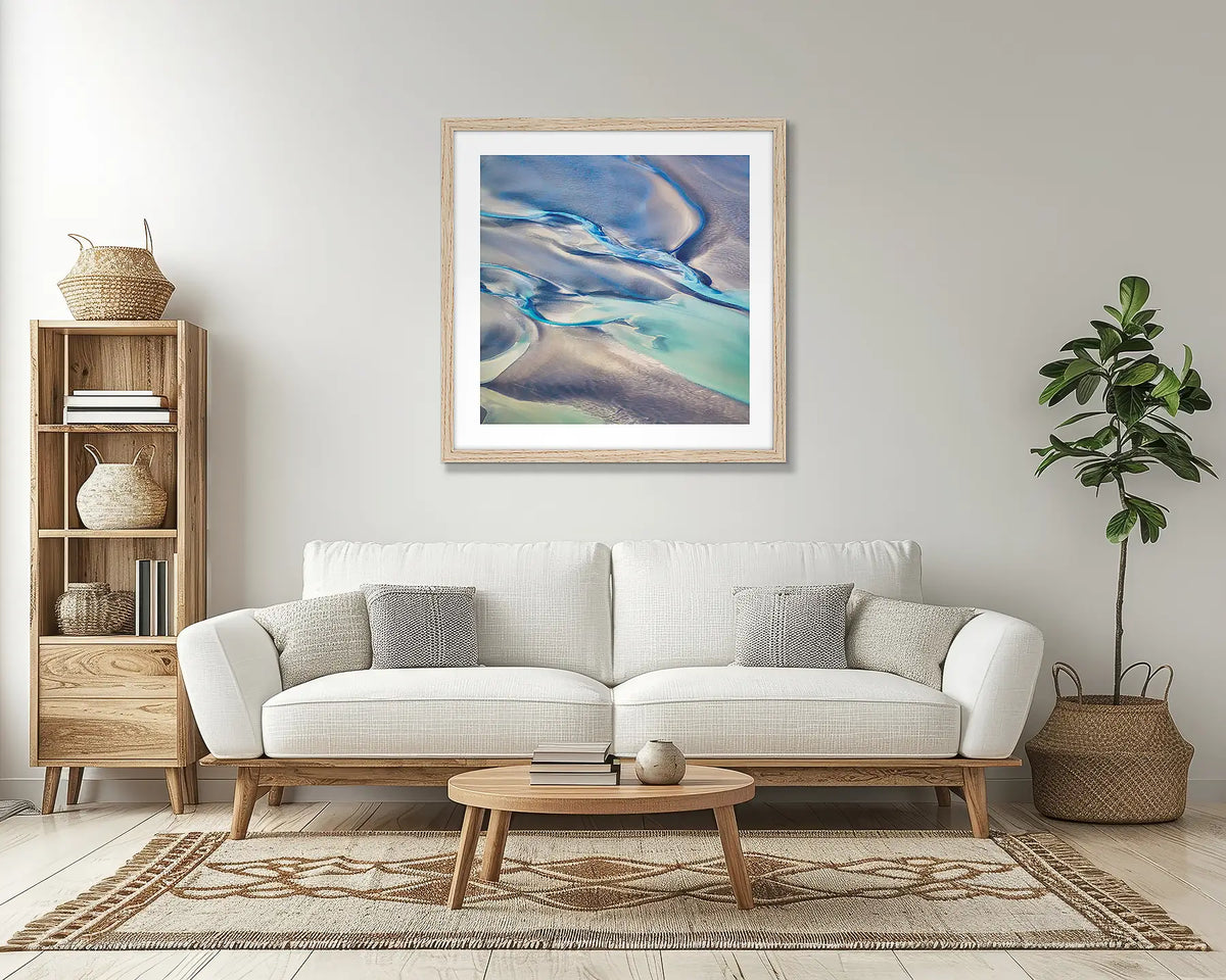 Formula. Abstract wall art print, with a timber frame, in a lounge room. 