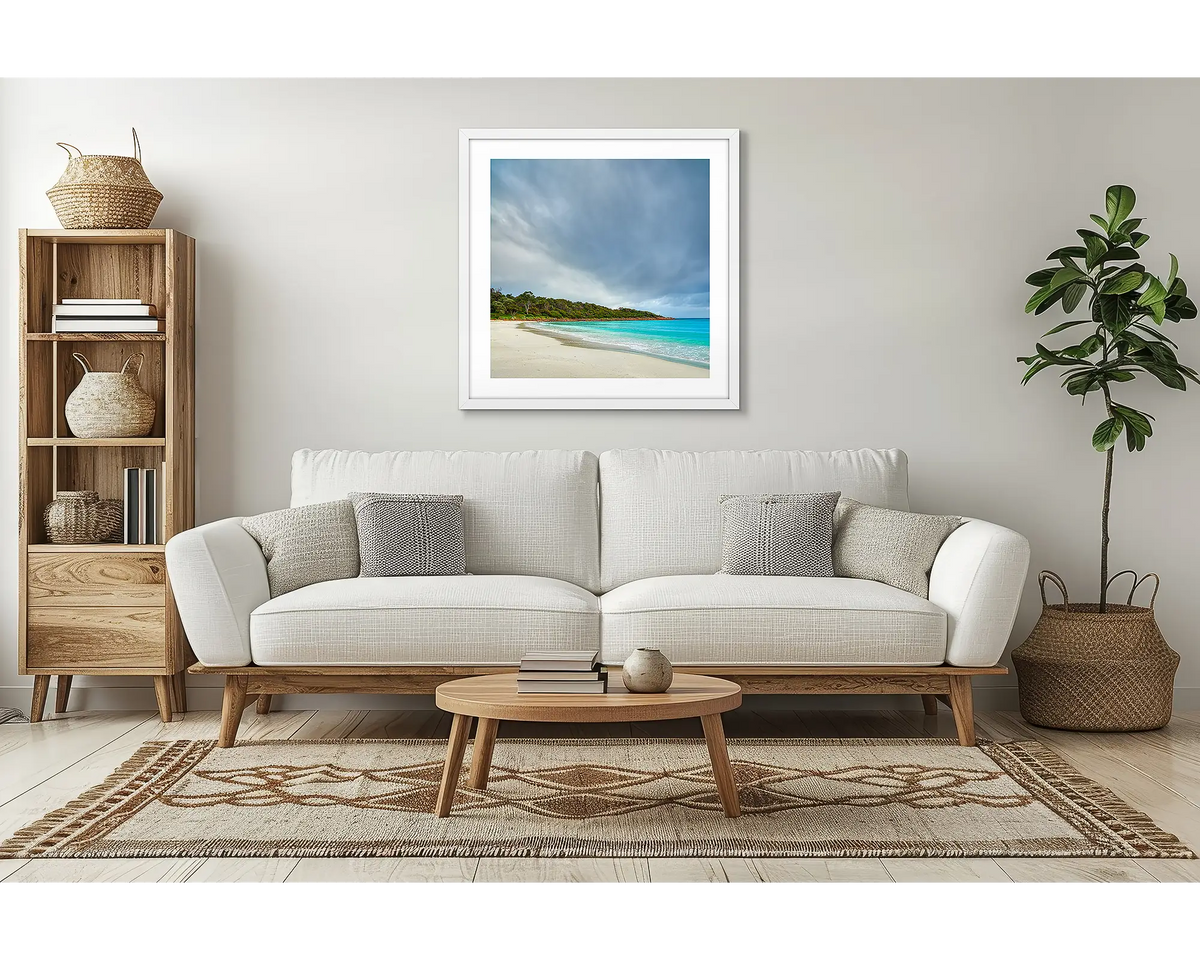 Geographe Calm. Coastal wall art with a white frame, in a lounge room. 