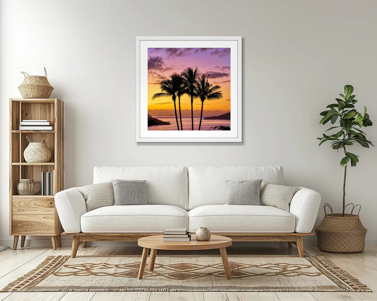 Getaway. Tropical Queensland wall art print, with a white frame, in a lounge room. 