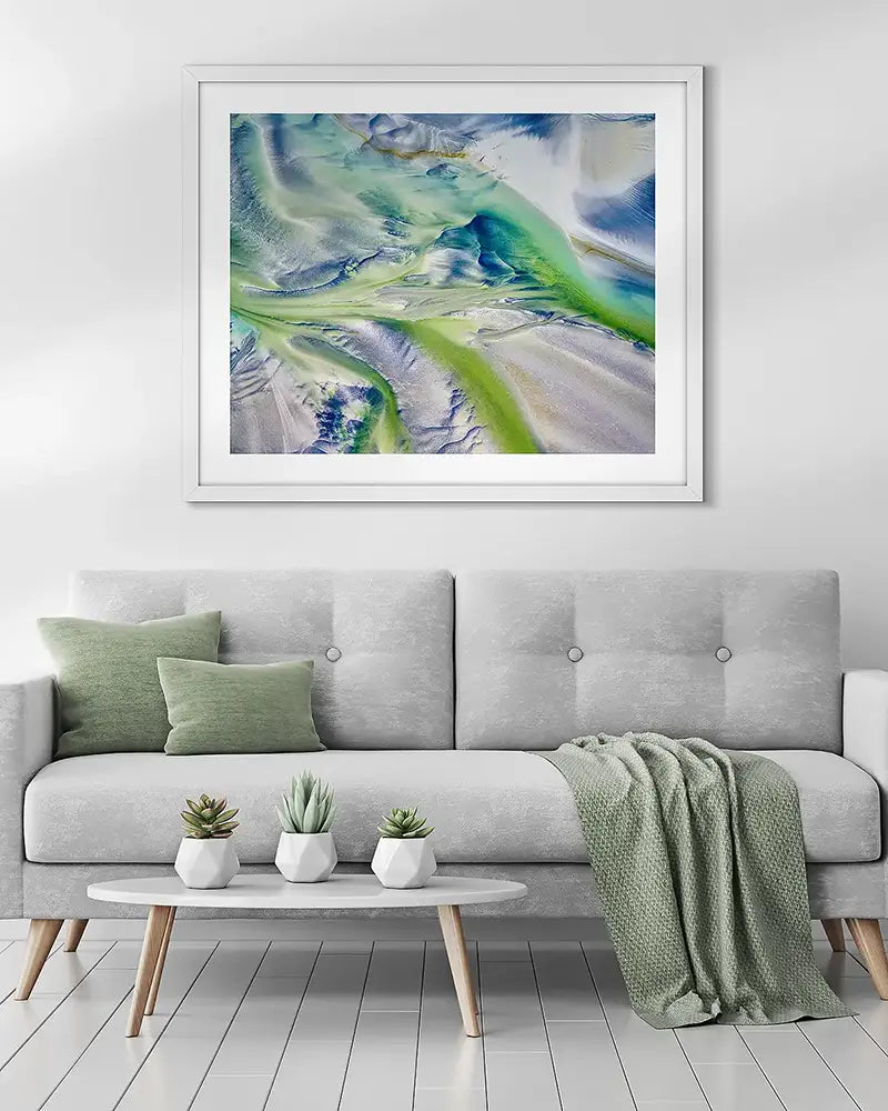 Gift for men. Flow abstract wall art hanging above a couch.