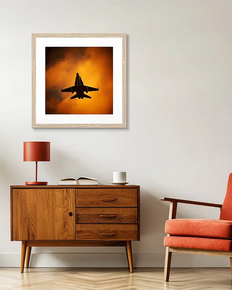 Gift for men. Hornet aviation artwork in a Tasmanian Oak frame in retro styled interior.