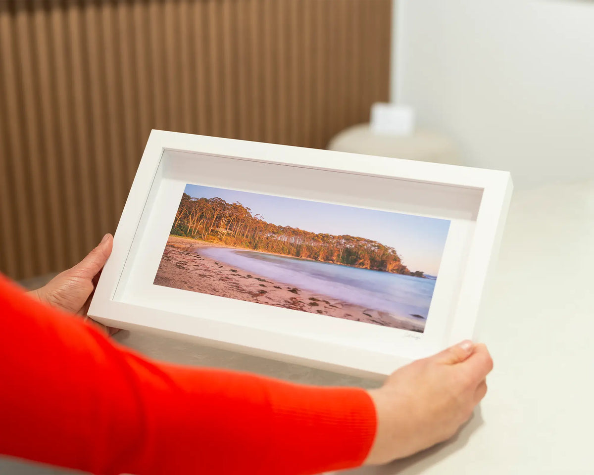 Gone to Lilli Pillii. Beach sunrise, small framed print, with a white frame.