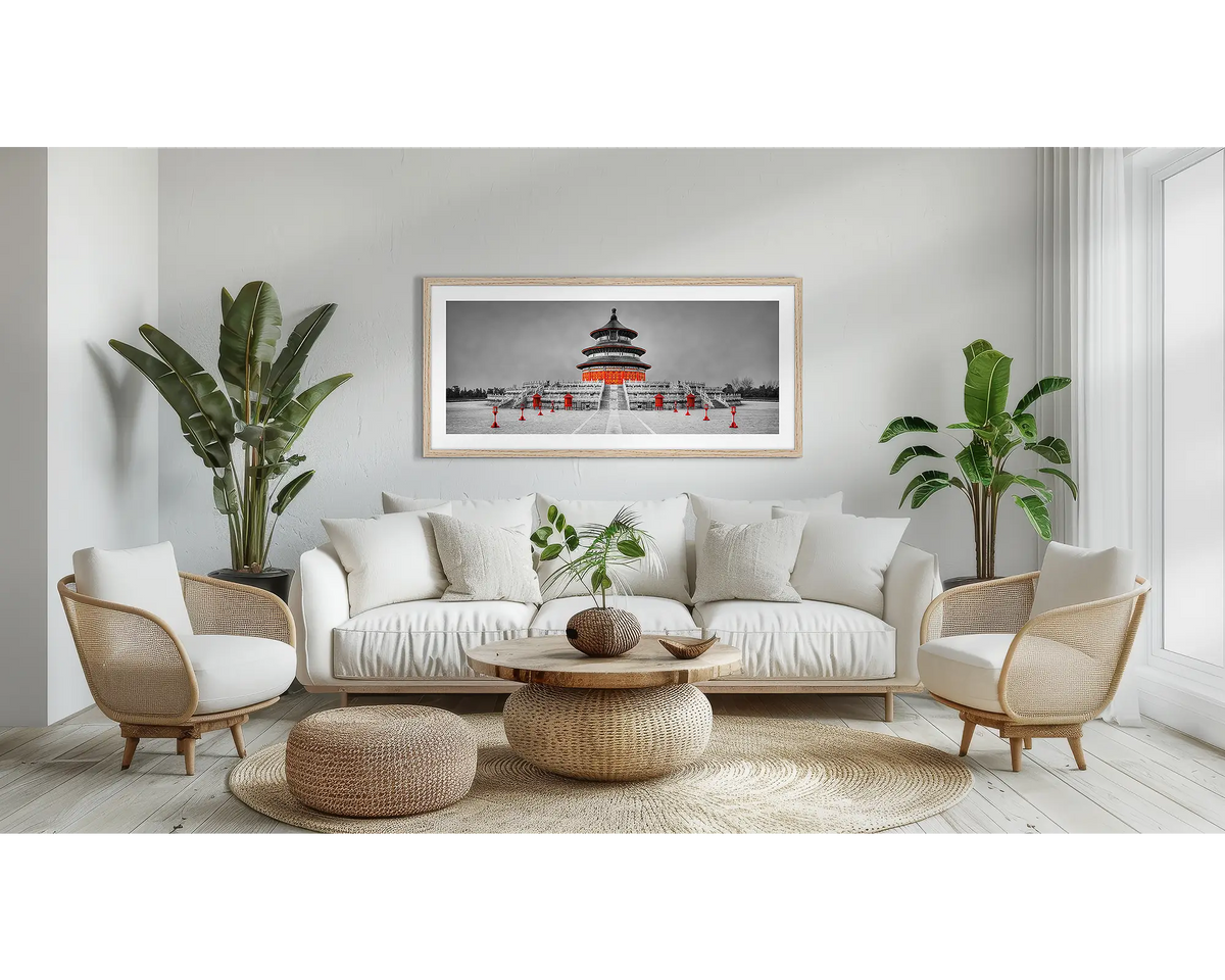 Hall of Prayer. Beijing wall art print, in a timber frame, above a couch. 