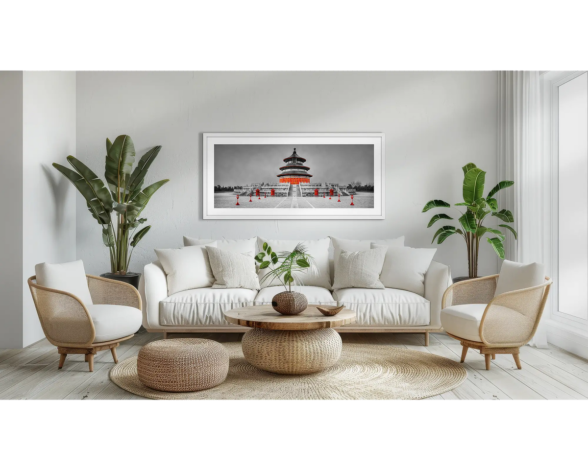 Hall of Prayer. Beijing wall art print, in a white frame, above a couch. 